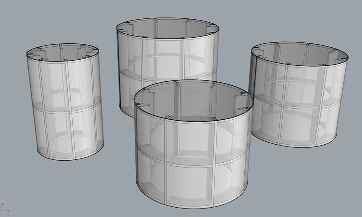 Round Pedestal Manufacture - Four pedestals of different sizes showing construction