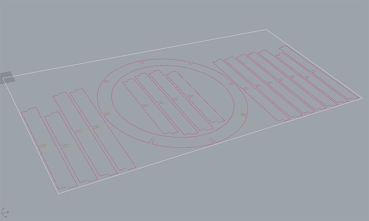 Round Pedestal Manufacture - One of the final 8'x4' sheets sent to CNC router showing nested items