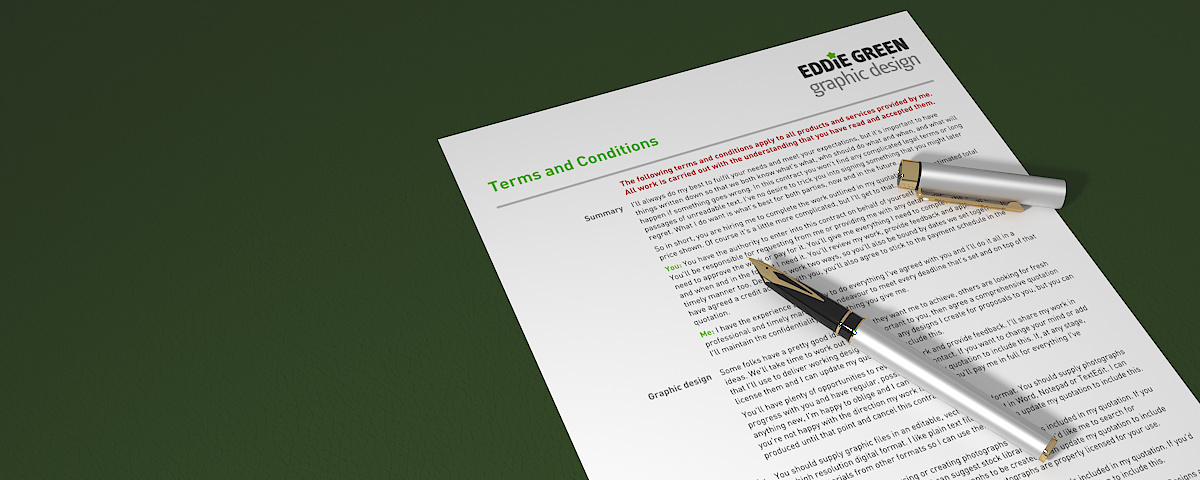 Terms and Conditions - 3D visualisation of a printout the first page of my standard terms and conditions, rendered in 3DS Max and Vray