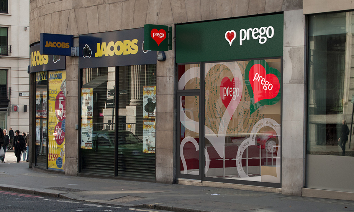 Prego - Cannon Street Store - Exterior render showing window graphics for the store when opened