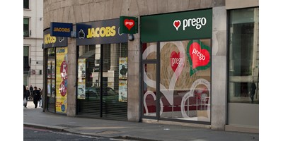 Prego - Cannon Street Store - Exterior render showing window graphics for the store when opened