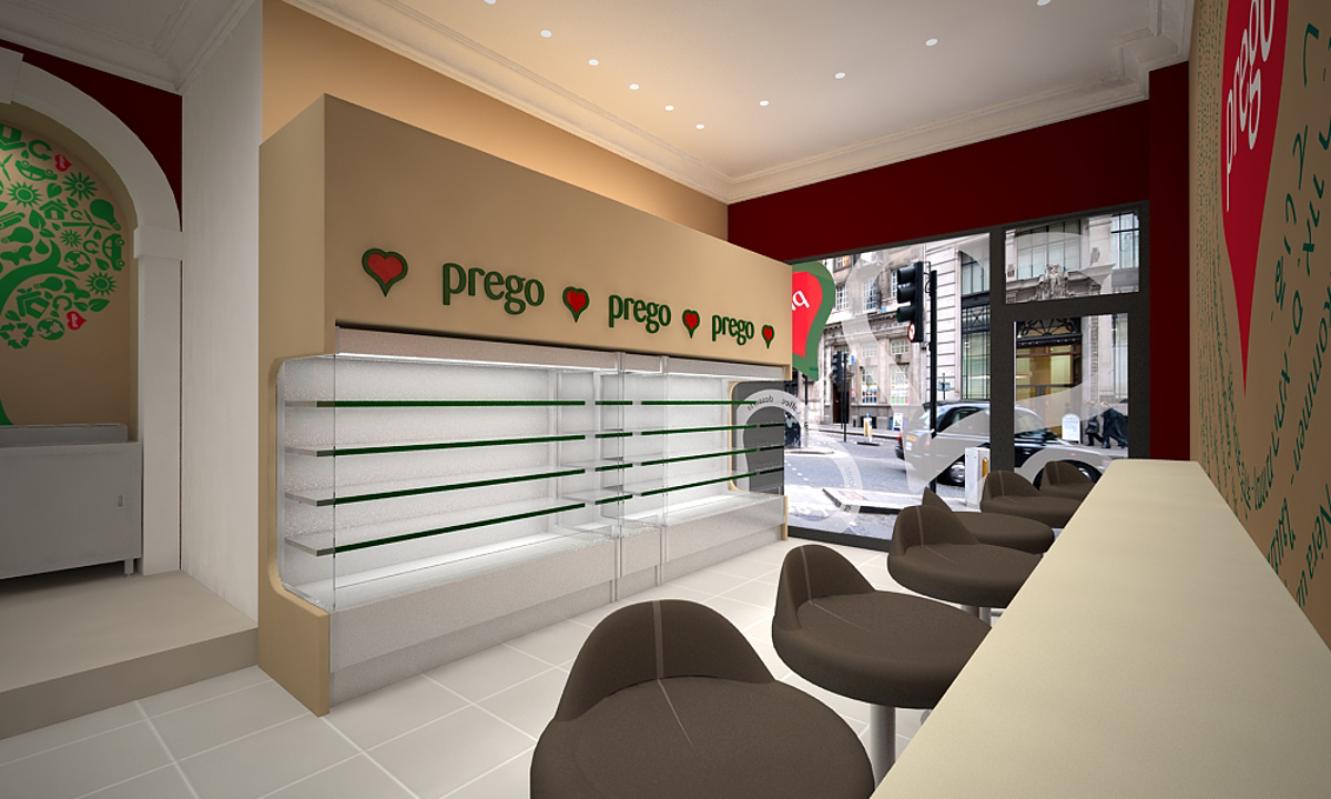 Prego - Cannon Street Store - Internal render showing chiller cabinets, seating and front window