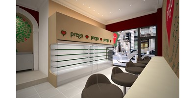 Prego - Cannon Street Store - Internal render showing chiller cabinets, seating and front window
