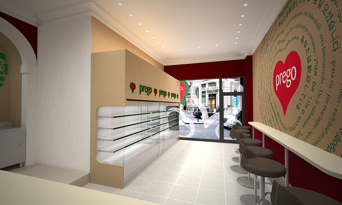 Prego - Cannon Street Store - Internal render with a wide view of the front area of the shop