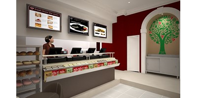 Prego - Cannon Street Store - Internal render towards the back corner of the shop, detailing the condiment and recycling area