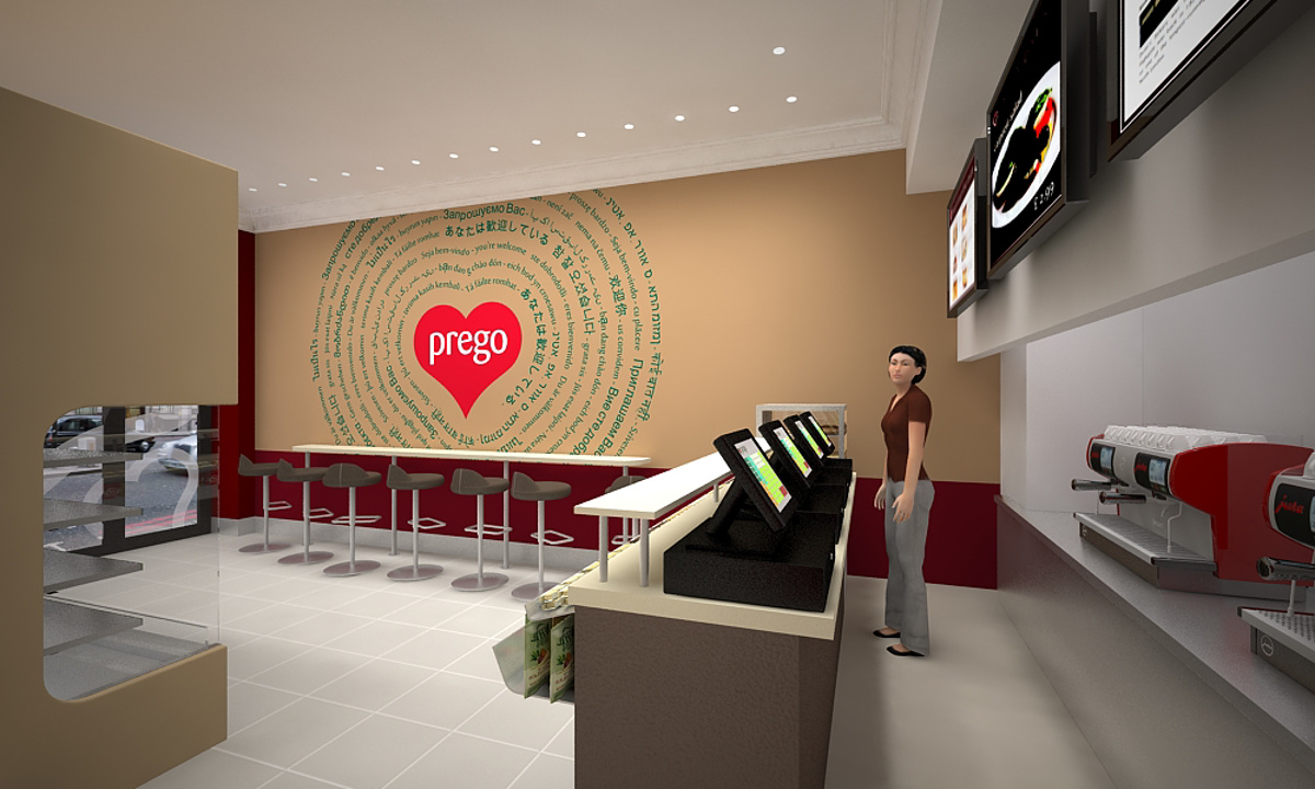 Prego - Cannon Street Store - Internal render of the counter area and feature wall graphic
