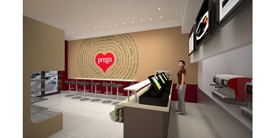 Prego - Cannon Street Store - Internal render of the counter area and feature wall graphic