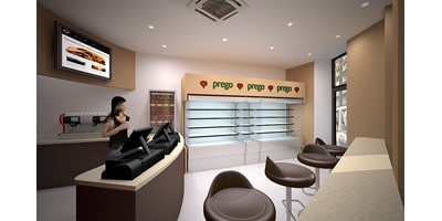 Prego - Chancery Lane Store - View from the seating are showing front door, chiller cabinets and counter