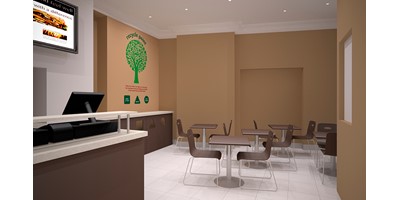 Prego - Cicilian Avenue Store - Seating area, detailing the condiment and recycling point