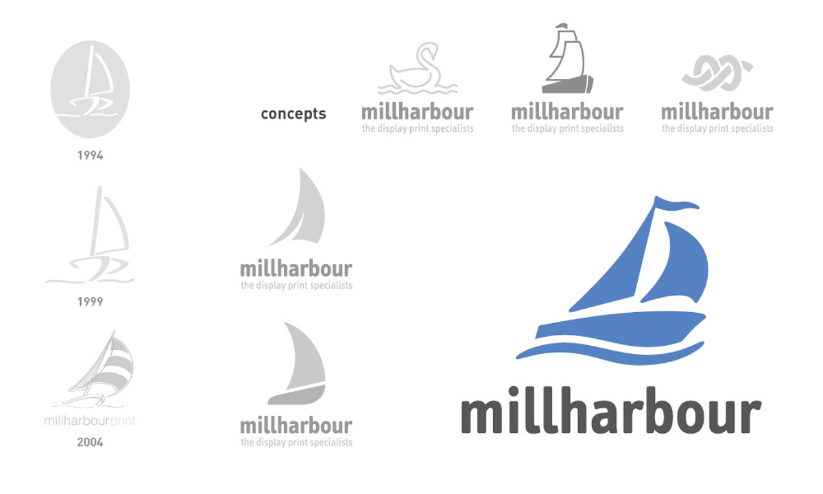 Millharbour Branding - Old versions of logo, new concepts presented to the client and the final logo
