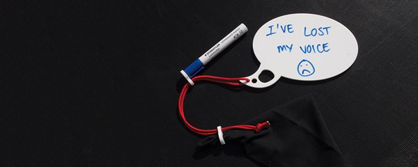 Lost Voice Whiteboard - Speech bubble shape, laser cut in acrylic, with lanyard, drywipe pen and erasing cloth