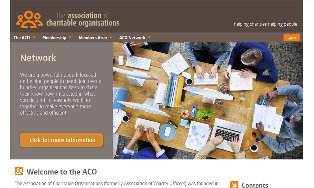 ACO Website - Screenshot of the home page showing branding design and the overall theme of the site