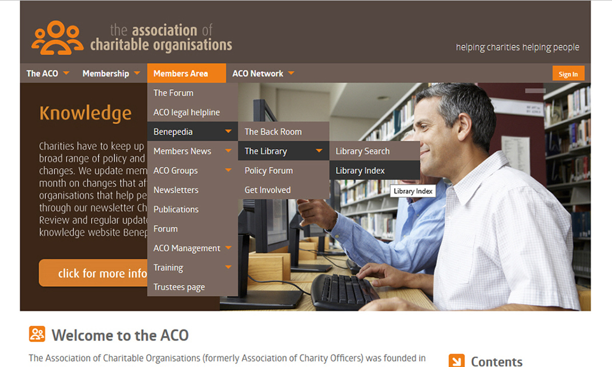 ACO Website - Screenshot of the desktop site menu, created from the catalogue of pages on the site