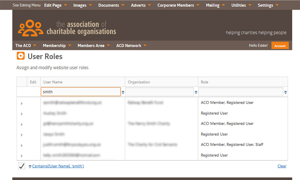 ACO Website - Screenshot of user roles assignment settings when logged in as a site administrator