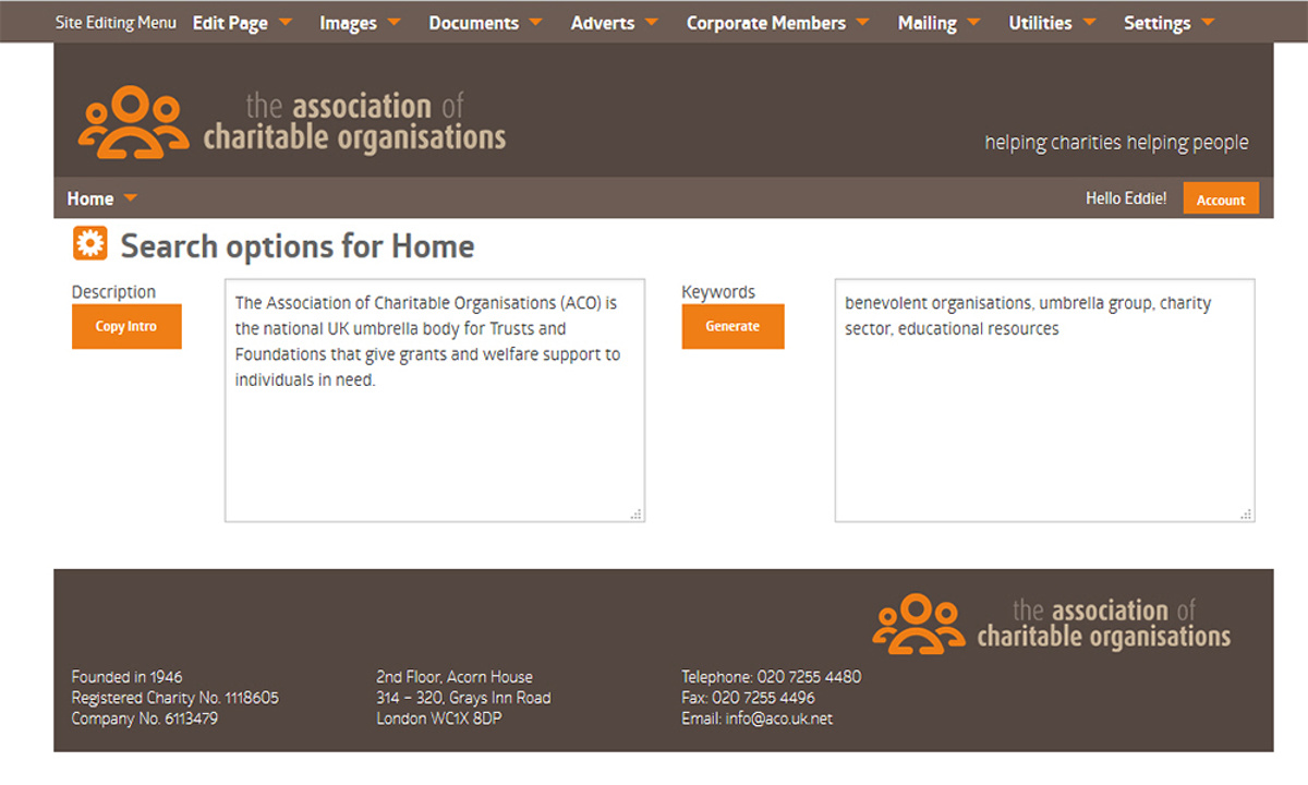ACO Website - Screenshot of search engine optimisation settings, available for each separate page on the site