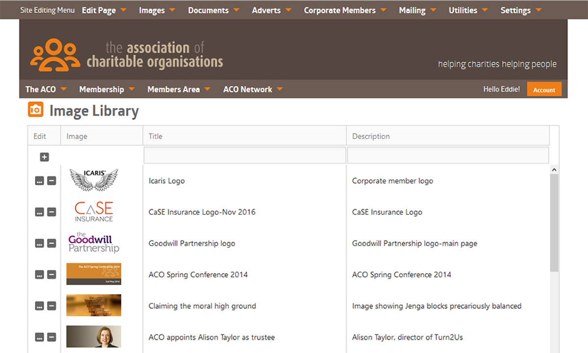 ACO Website - Screenshot showing searchable catalogue of images held in the site's database together with alternative text and descriptions used when delivering page content