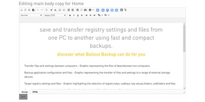 Bailout Backup - This screenshot shows the WYSIWIG HTML page editor where the main content of each page is created. This allows the creation of copy like using a word processing package, or by switching to code view, to use special formatting styles to enhance the appearance of the page.