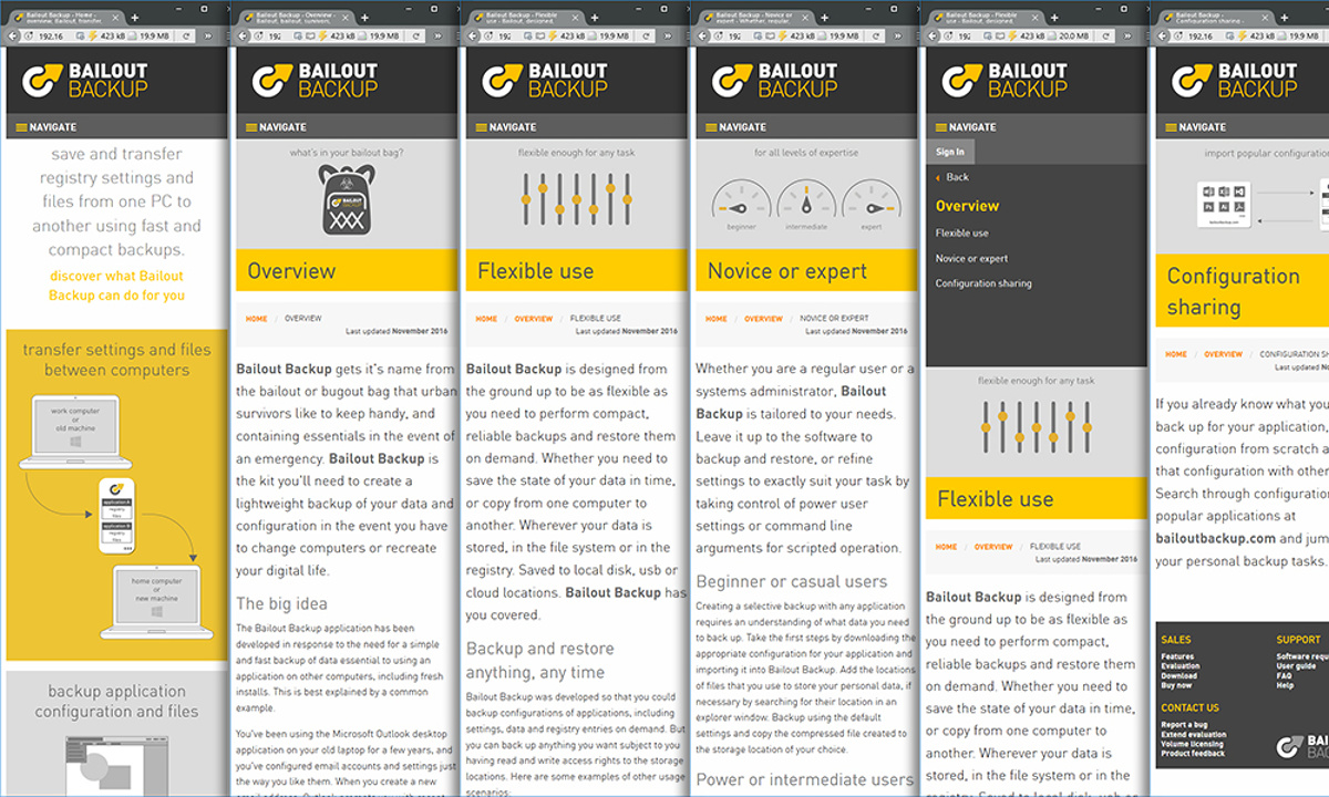 Bailout Backup - A series of screenshots showing the content of several pages, reformatted automatically by internal code and style sheets to display perfectly on smaller screens.