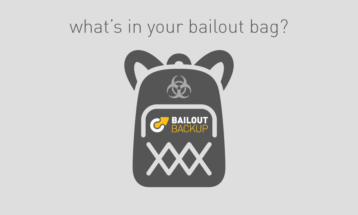 Bailout Backup - One of the graphic panels created to promote the software - a simplified visual of a rucsac and logo with the caption 'What's in your bailout bag?'