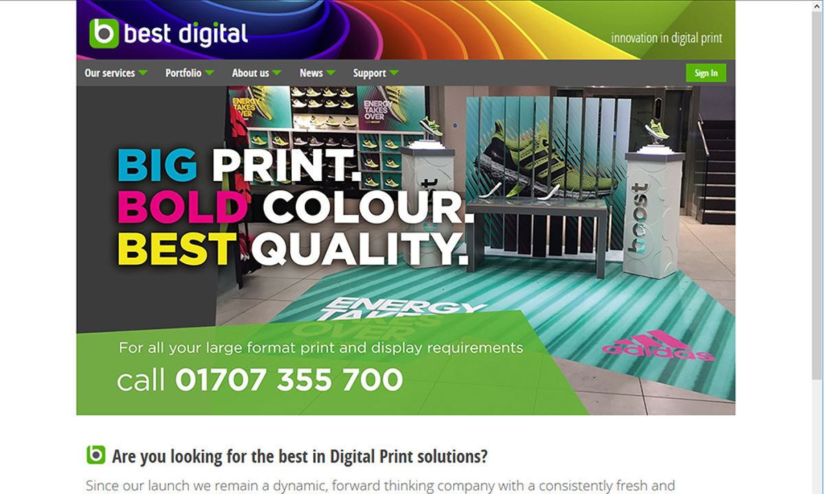 Best Digital - Screenshot of the home page, featuring the colourful theme reflecting the organisation's ability to print large and vibrant graphics