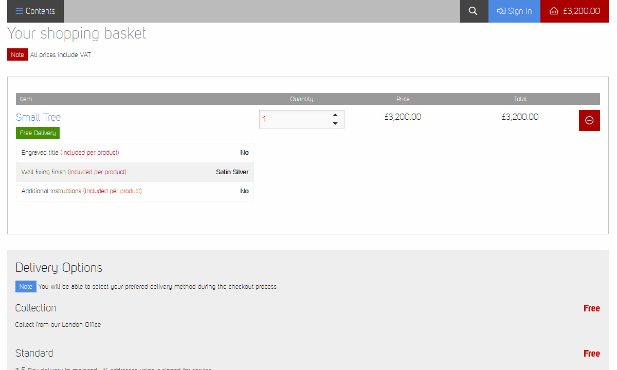 Fundraising Tree - Page showing editing features for products in users basket, including details about any customisations.