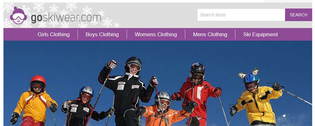 Go Skiwear - Screenshot of the masthead and home page hero panel, showing the branding, and the overall look and feel created for the brand