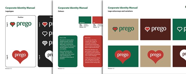 Prego branding - Logo designs and colour schemes, forming part of the branding guidelines