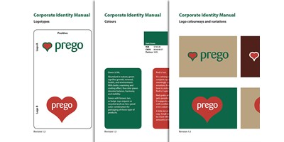 Prego branding - Logo designs and colour schemes, forming part of the branding guidelines