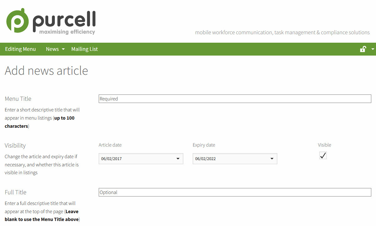 Purcell Radio - A custom back-end database holds updateable information for news and mailing lists -this management page allows editors to add news including video and images using a WYSIWIG editor 