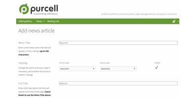 Purcell Radio - A custom back-end database holds updateable information for news and mailing lists -this management page allows editors to add news including video and images using a WYSIWIG editor 