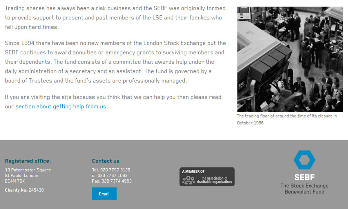 Stock Exchange Benevolent Fund - Screenshot of page content showing typeface and styles applied, along with the page footer design