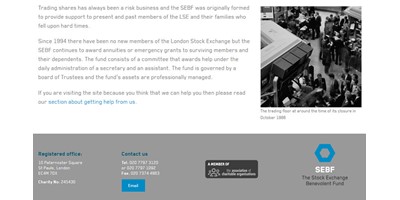 Stock Exchange Benevolent Fund - Screenshot of page content showing typeface and styles applied, along with the page footer design