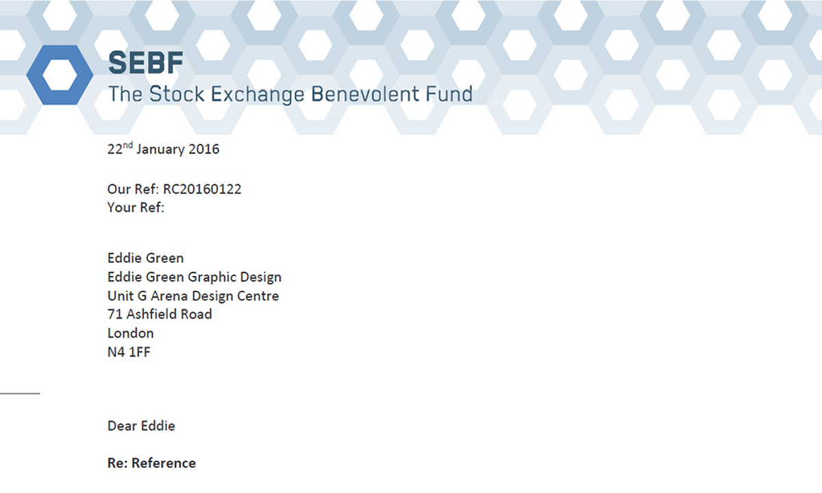 Stock Exchange Benevolent Fund - A Word template showing branding design applied to stationery