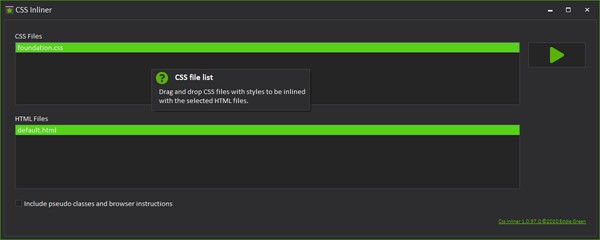 CSS Inliner - App window showing CSS file ready to inline into selected HTML file
