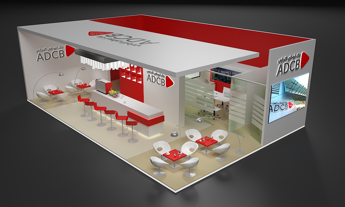 ADCB Exhibition Stand - Rendered perspective of the stand design as seen from first floor