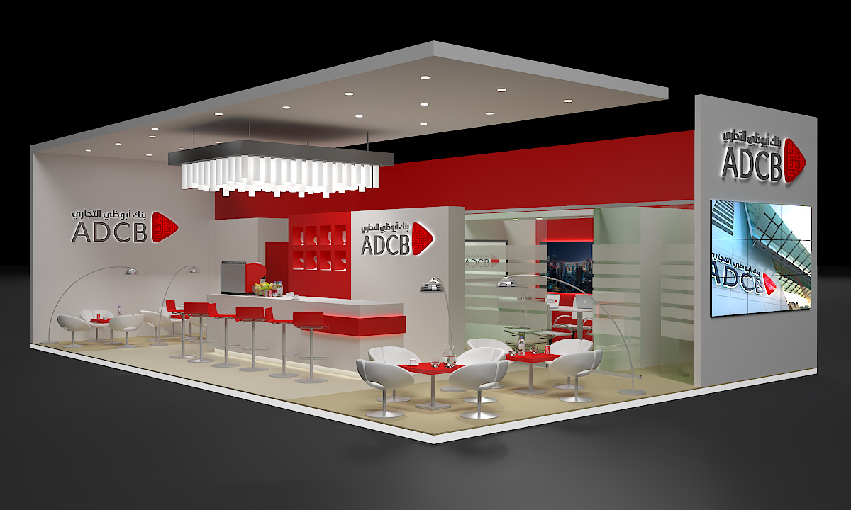 ADCB Exhibition Stand - Standing height rendered perspective of the stand design