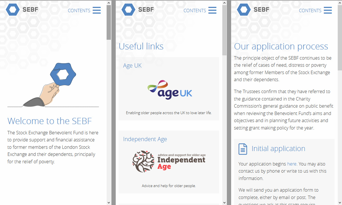 SEBF Website Redesign - Screenshot of responsive pages at mobile size