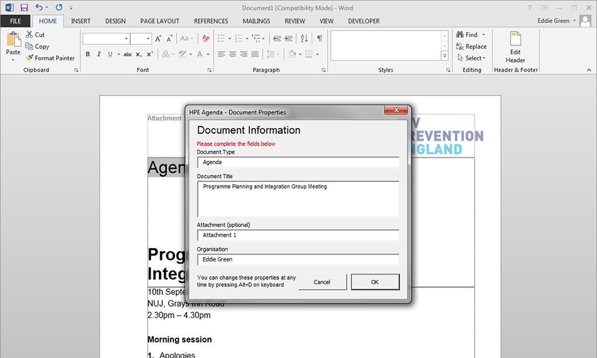 HPE Office Templates - A Word template with custom dialog box to complete required information