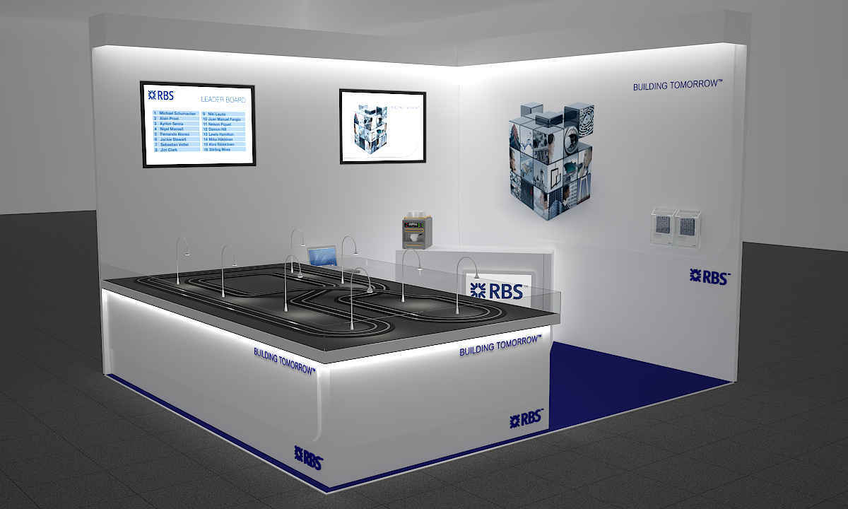 RBS Mannheim Exhibition Stand - Racing Circuit - Final 3D render of model design - Left Side