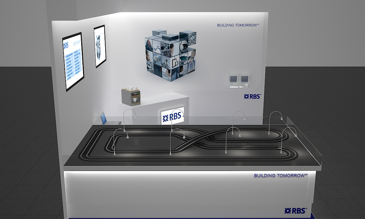RBS Mannheim Exhibition Stand - Racing Circuit - Final 3D render of model design - Overview